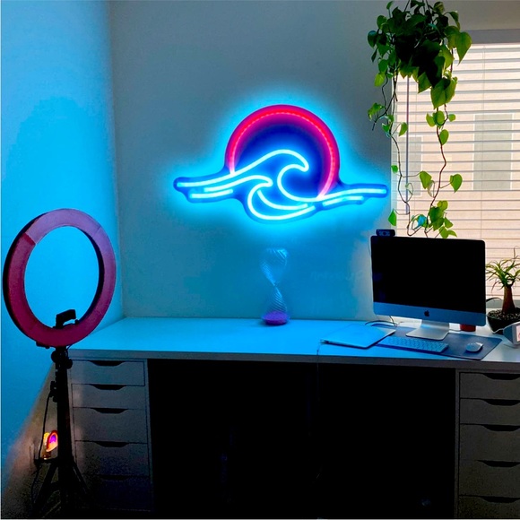 Ocean Wave Sunset Neon Blue Red Light Bedroom Outdoor Indoor Japanese Wall Decor - Picture 5 of 7